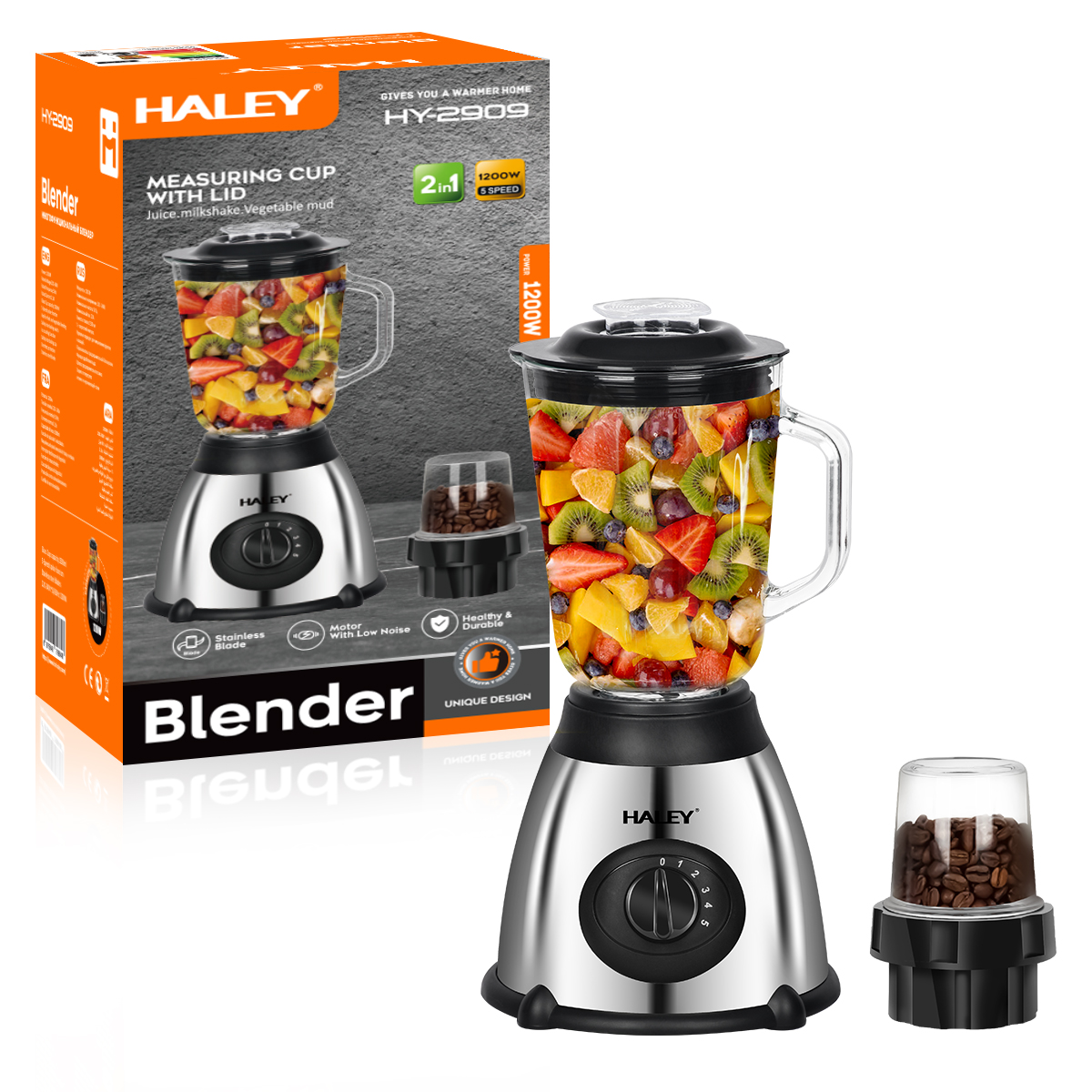 يتميز خلاط HALEY (طراز HY-2909) بقدرة 1200 واط مع وعاء زجاجي بسعة 1.5 لتر.يتضمن الجهاز 5 سرعات مختلفة لتحكم أفضل في الخلط، بالإضافة إلى مطحنة قهوة وتو
